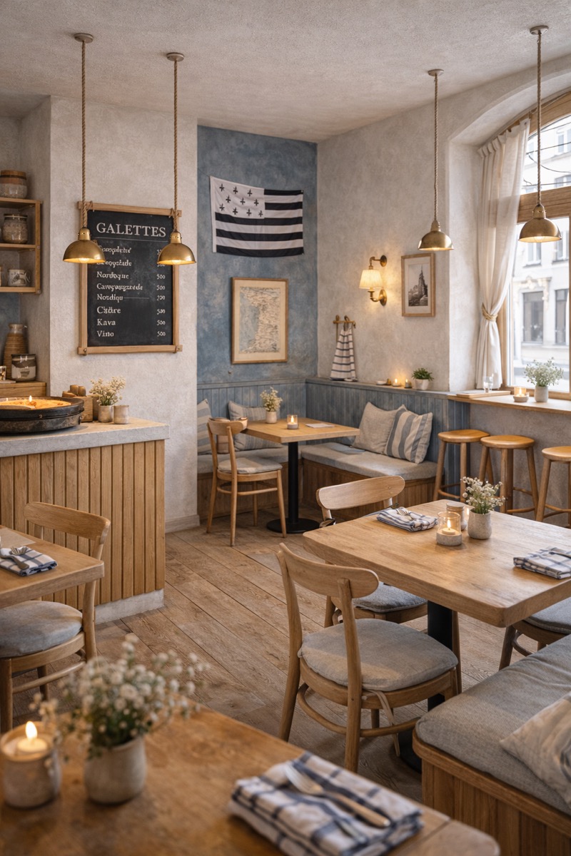 Interiér Bretónky — útulné sedenie s bretónskou vlajkou